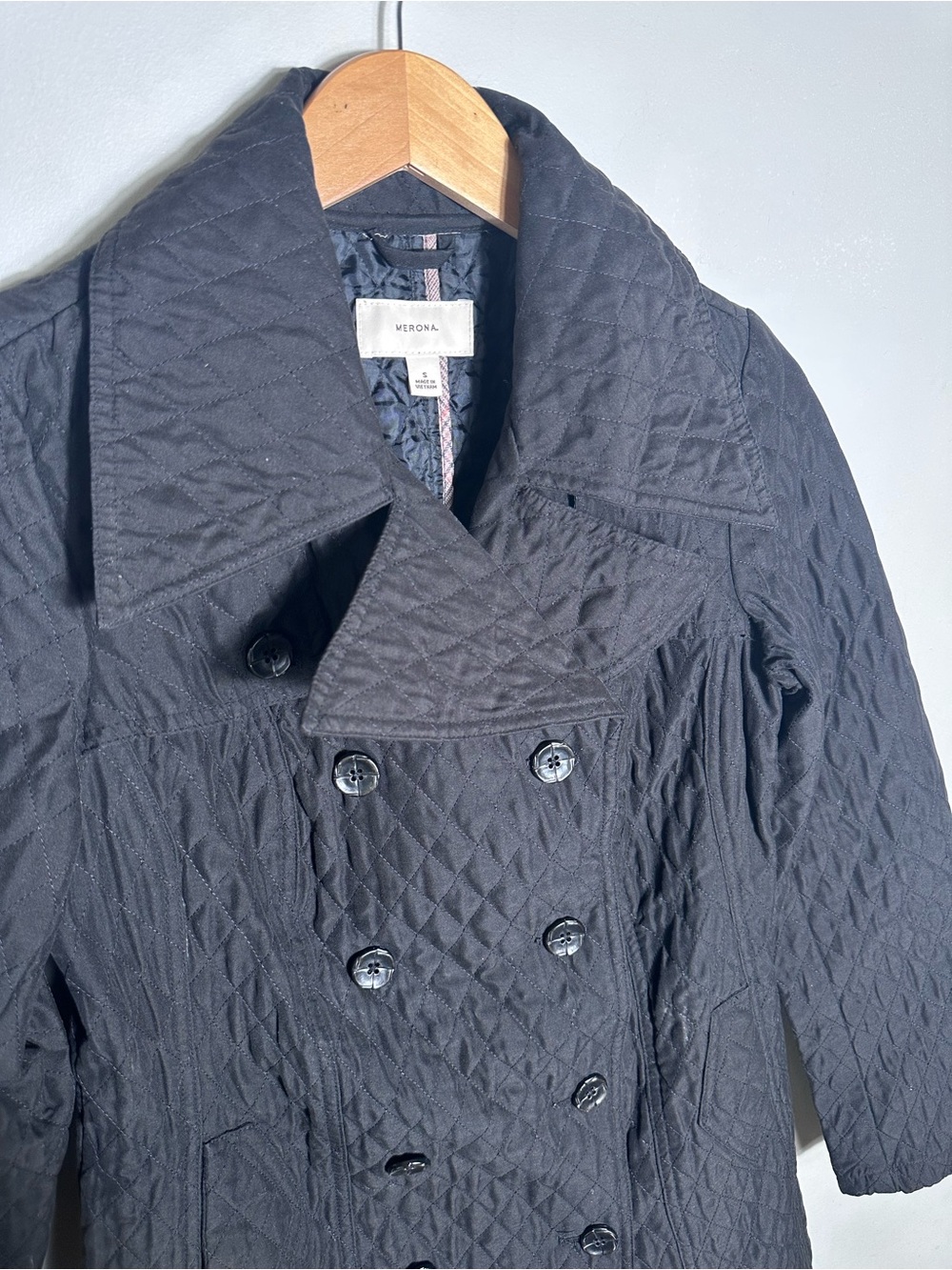 Y2K Merona Quilted Double-Breasted Black Trench Coat - Picture 4 of 6